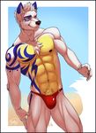  abs anthro biceps black_nipples black_nose blue_eyes bulge canine chest_tuft fahleir feralise fur grin hair male mammal muscles nipples pecs pose smile solo speedo standing swimsuit tattoo toned topless tuft ulric white_fur white_hair wolf yellow_fur 