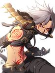  .hack//g.u. 1boy albino angry belt black_belt facial_mark gloves haseo_(.hack//) highres ito_mijinko male_focus midriff mouth_hold pants red_eyes solo spiked_hair sword tattoo weapon white_background white_hair 