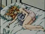  1girl 80s bare_shoulders bed bedroom blonde_hair california_crisis cat eyes_closed indoors lowres marcia_(california_crisis) motor_vehicle motorcycle oldschool ova pet sleeping 