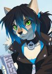  &lt;3 anthro black_hair blue_hair blue_highlights can cat collar fangs feline female gradient_hair green_eyes hair jacket looking_at_viewer mammal smile soda solo wolfy-nail young 