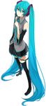  absurdly_long_hair bare_shoulders black_legwear blue_eyes blue_hair detached_sleeves full_body hair_ornament hatsune_miku headset long_hair looking_at_viewer miruto_netsuki necktie pleated_skirt shirt simple_background skirt solo standing thighhighs twintails very_long_hair vocaloid white_background wide_sleeves zettai_ryouiki 