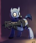  all_fours ambiguous_gender barefoot clothed clothing counter_strike crossover cutie_mark equine feral fn_p90 gun headgear hi_res hooves horse mammal mask my_little_pony original_character pony pouch raised_leg ranged_weapon siberwar standing weapon 