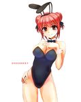  bow bowtie breasts bunnysuit cleavage detached_collar double_bun large_breasts macfist original red_eyes red_hair short_hair solo wrist_cuffs 