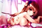  afterglow blanket breasts brown_eyes brown_hair condom condom_wrapper hair_ribbon highres large_breasts lying misaki_kurehito nipples ogata_rina on_stomach ribbon sweat white_album 