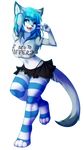  alpha_channel blue_eyes blue_hair cat clothed clothing feline female fur grey_fur hair looking_at_viewer mammal midriff one_eye_closed plain_background skimpy skirt solo standing striped_socks techtile thuric transparent_background white_fur 