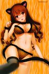  animal_ears animal_print black_legwear blush bra breasts brown_eyes brown_hair cat_ears cat_tail cleavage full-face_blush fur_trim highres koizumi_amane large_breasts leopard_print long_hair looking_at_viewer navel panties parted_lips shiny shiny_skin single_thighhigh solo tail thighhighs underwear underwear_only 