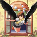 bird_wings blouse brown_hair camera emuki_(armies_soul) flying folded_leg hat highres leaf looking_at_viewer open_window orange_eyes outstretched_arm plant pom_pom_(clothes) scarf shameimaru_aya short_hair short_sleeves skirt smile solo tokin_hat touhou vines window wings 