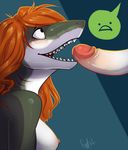  anthro areola bad_idea blush breasts d: duo erection fangs female fish fivel gills glans hair human human_on_anthro humor interspecies long_hair male mammal marine nipples nude open_mouth orange_hair penis shark sharp_teeth side_boob side_view teeth trust 