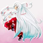  bbb_(33kudo) bow fujiwara_no_mokou hair_bow hair_ribbon long_hair red_eyes ribbon smile solo touhou very_long_hair white_hair 