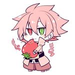  :t artist_name bad_id bad_pixiv_id blazblue blush chibi food fruit full_body green_eyes heterochromia kuro_yuzu looking_at_viewer male_focus oversized_object pants pink_pants ragna_the_bloodedge red_eyes simple_background solo standing strawberry white_background 