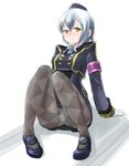  armband black_legwear blush crotch_seam gloves green_eyes hat kofie looking_at_viewer navigator_dress panties panties_under_pantyhose pantyhose phantasy_star phantasy_star_online_2 short_hair silver_hair sitting smile solo underwear uniform white_gloves yagi_(sinnsyou) 