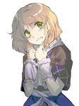  arm_warmers blonde_hair blush geppewi green_eyes looking_up mizuhashi_parsee pointy_ears scarf shirt short_hair short_sleeves simple_background solo touhou wavy_mouth white_background 