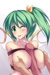  1girl bdsm blush bondage bound bow breast_squeeze breasts collarbone colored_eyelashes commentary cum daiyousei ejaculation eyebrows_visible_through_hair fairy fairy_wings green_eyes green_hair hair_bow happy_sex hetero huge_penis large_breasts large_penis maullarmaullar nude one_eye_closed paizuri penis pointy_ears ponytail rope touhou uncensored white_background wings 