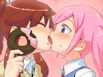  blue_eyes blush brown_hair character_request closed_eyes doughnut food french_kiss kiss long_hair man_(man-room) multiple_girls pink_hair pixiv_stamp tongue twintails yuri 