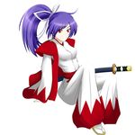  ahoge arm_support blue_hair frown hair_ribbon hakama highres japanese_clothes katana knee_up looking_at_viewer meira ponytail red_eyes ribbon sandals sash short_hair simple_background sitting sleeves_past_wrists solo sword tabi touhou touhou_(pc-98) weapon white_background yuegatobu 