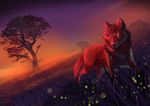  ambiguous_gender black_nose canine detailed_background evening feral field fog fur grass grey_eyes mammal nature nude outside purple_sky red_fur sky tree wolf 