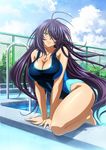  blue_eyes breasts hair_over_one_eye ikkitousen kan'u_unchou kanu_unchou large_breasts long_hair official_art purple_hair smile swimsuit 