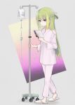  alina_gray bangs book boyano closed_mouth eyebrows_visible_through_hair fingernails green_eyes green_hair hair_between_eyes highres holding holding_book intravenous_drip long_hair long_sleeves magia_record:_mahou_shoujo_madoka_magica_gaiden mahou_shoujo_madoka_magica open_book pants pink_pants reading slippers very_long_hair walking white_footwear wide_sleeves 