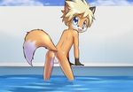  balls big_eyes blonde_hair blue_eyes butt canine cub delicious_(artist) fox hair hi_res looking_at_viewer looking_back male mammal nude outside pool sky solo standing tycloud young 