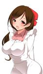  blush breasts brown_hair hair_ornament hair_ribbon hairclip highres kantai_collection kappougi kyokutou_hentai_samurai large_breasts long_hair looking_at_viewer mamiya_(kantai_collection) open_mouth ribbon simple_background smile solo white_background 