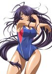  1girl blue_eyes breasts ikkitousen kan'u_unchou kanu_unchou large_breasts long_hair official_art purple_hair smile solo standing swimsuit 