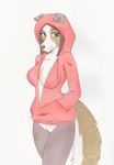  breasts brown_eyes brown_hair canine female hair hoodie looking_at_viewer mammal partially_clothed plain_background pussy solo standing white_background whitearabmare zipper 