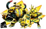  electivire elekid gen_1_pokemon gen_2_pokemon gen_4_pokemon grin highres no_humans pokemon pokemon_(creature) red_sclera sido_(slipknot) signature smile standing white_background 