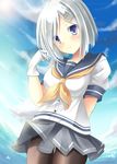  blue_eyes breasts gloves hair_ornament hairclip hamakaze_(kantai_collection) iris_yayoi kantai_collection looking_at_viewer medium_breasts pantyhose school_uniform serafuku short_hair short_sleeves silver_hair skirt solo white_gloves 