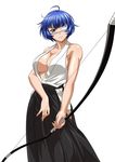  1girl blue_hair bow_(weapon) breasts eyepatch green_eyes ikkitousen large_breasts official_art ryomou_shimei short_hair smile solo standing weapon 