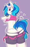  anthro anthrofied blue_hair breasts butt cutie_mark earbuds equine female friendship_is_magic hair horn horse looking_back mammal my_little_pony panties purple_eyes raised_shirt raised_tail solo thong under_boob underwear undressing unicorn vinyl_scratch_(mlp) whoop 