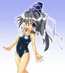  blue_swimsuit breasts gradient gradient_background grey_eyes grey_hair hat long_hair looking_at_viewer medium_breasts mononobe_no_futo ponytail ribbon smile solo swimsuit tate_eboshi touhou winn 