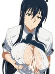  blue_hair breast_grab breasts cum cum_on_body cum_on_breasts cum_on_upper_body grabbing kagari_ayaka kiiro_no_nantoka long_hair open_clothes open_shirt shirt simple_background solo white_background witch_craft_works 