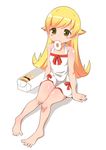  bare_shoulders barefoot blonde_hair blush_stickers doughnut dress feet food full_body green_eyes highres kyokutou_hentai_samurai long_hair monogatari_(series) mouth_hold oshino_shinobu simple_background sitting solo white_background 