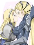  armor blonde_hair blue_eyes blush breastplate breasts capelet diana_(league_of_legends) eye_contact facial_mark forehead_mark hairband height_difference highres hug kumiko_shiba large_breasts league_of_legends long_hair looking_at_another luxanna_crownguard multiple_girls tears very_long_hair yuri 