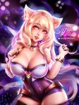  1girl ahri animal_ears ass bare_shoulders blonde_hair breasts cleavage curvy earrings eyebrows_visible_through_hair fox_ears fox_girl fox_tail hair_between_eyes heart jewelry k/da_(league_of_legends) k/da_ahri large_breasts league_of_legends long_hair looking_at_viewer mumeaw parted_lips short_sleeves signature simple_background solo standing tail thicc thighhighs upper_body wide_hips yellow_eyes 