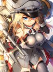  bare_shoulders bismarck_(kantai_collection) black_panties blonde_hair blue_eyes blush breasts brown_gloves detached_sleeves gloves grey_legwear hat highres kantai_collection large_breasts long_hair looking_at_viewer military military_hat military_uniform open_mouth panties peaked_cap solo suika01 thighhighs underwear uniform 