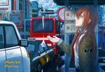  belt blue_eyes bus bus_stop city cloud day dress_shirt ground_vehicle highres jacket long_hair lu&quot; makise_kurisu motor_vehicle necktie rain red_hair shirt sky steins;gate taxi umbrella water_drop 