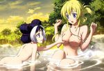  2girls :o :p absurdres ahoge alternate_hairstyle ass back bangs bare_back bare_shoulders bathing bent_over black_hair blonde_hair blue_eyes blue_hair blush braid breast_grab breasts cleavage cloud collarbone facial_mark female flat_chest folded_ponytail forehead_mark from_side grabbing hair_up highres himiko_(nobunaga_the_fool) jeanne_kaguya_d'arc jewelry large_breasts long_hair looking_down megami multicolored_hair multiple_girls nagasaku_tomokatsu nature naughty_face navel necklace nipples nobunaga_the_fool nude nude_filter onsen open_mouth outdoors partially_submerged pendant photoshop profile purple_eyes ripples scan shared_bathing side_braid sidelocks silver silver_hair sitting sky spa steam surprised surprised_arms tongue tongue_out tree trees two-tone_hair water white_hair yuri 