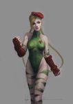  beret blonde_hair blue_eyes braid cammy_white camouflage fingerless_gloves gloves green_leotard hat leotard long_hair scar solo street_fighter thong_leotard twin_braids wen_juinn 