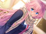  1girl aota_natsu blue_eyes blush breasts classroom game_cg highres large_breasts long_hair looking_at_viewer mochizuki_nozomu ole-m pink_hair saimin_class scarf school_uniform solo standing sunlight window 