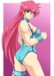  ass back blue_leotard breasts choker cleavage large_breasts leotard long_hair looking_back mighty_yukiko pink_hair purple_eyes solo taroimo_(00120014) wrestle_angels wrestle_angels_survivor wrestling_outfit wristband 