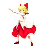  blonde_hair bow full_body green_eyes hair_bow hair_ornament henshin_pose long_skirt long_sleeves looking_at_viewer outstretched_arm pose red_bow red_skirt ribbon satsuki_rin shoes short_hair skirt socks solo taihentai touhou white_background white_legwear 