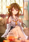  ahoge bare_shoulders blush brown_hair chair crossed_legs cup detached_sleeves duplicate hair_ornament hairband japanese_clothes kantai_collection kongou_(kantai_collection) light_rays long_hair looking_at_viewer sitting smile solo sunbeam sunlight teacup teapot window yadapot 