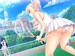  2girls alice_weinberg bertille_althusser blonde_hair blue_eyes breasts cloud clouds drill_hair flower game_cg headband komori_kei large_breasts long_hair multiple_girls panties purple_eyes purple_hair racket skirt sky tennis tennis_racket twin_drills underwear upskirt walkure_romanze walkure_romanze_more_&amp;_more 