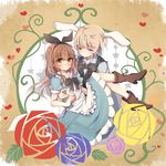  1girl akako alice_(wonderland) alice_(wonderland)_(cosplay) alice_in_wonderland animal_ears blonde_hair boots bow brown_eyes brown_hair bunny_ears carrying closed_eyes cosplay dress hair_bow hisanuma_sayu isaki_kaname long_hair nagi_no_asukara princess_carry short_hair white_rabbit white_rabbit_(cosplay) 