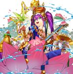  aqua_eyes bad_id bad_pixiv_id bird bracelet crown elephant flower holy_pumpkin instrument jewelry lakshmi_(p&amp;d) long_hair lotus lotus_pedestal on_flower open_mouth purple_hair puzzle_&amp;_dragons sitar smile solo twintails 