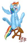  blue_fur blush equine female feral friendship_is_magic fur hair hooves mammal multi-colored_hair my_little_pony open_mouth pegasus plain_background pussy pussy_juice rainbow_dash_(mlp) rainbow_hair solo spread_legs spreading stool swordkirby tongue tongue_out white_background wings 