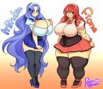  2girls agawa_ryou blue blue_eyes blue_hair borrowed_character breasts character_name glasses huge_breasts multiple_girls plump red red_hair scar thick_thighs thighs 
