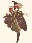  ai-wa bangs blunt_bangs book boots bridal_gauntlets cape fire fire_emblem fire_emblem:_kakusei full_body glasses gloves hat holding knee_boots magic miriel_(fire_emblem) open_book outstretched_arm parted_bangs puffy_pants red_hair short_hair simple_background solo standing standing_on_one_leg witch_hat 