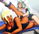  arrancar bleach blonde_hair breasts dark_skin exercise facial_mark gairon green_hair lips nelliel_tu_odelschwanck skull stretch stretching tier_harribel tongue 